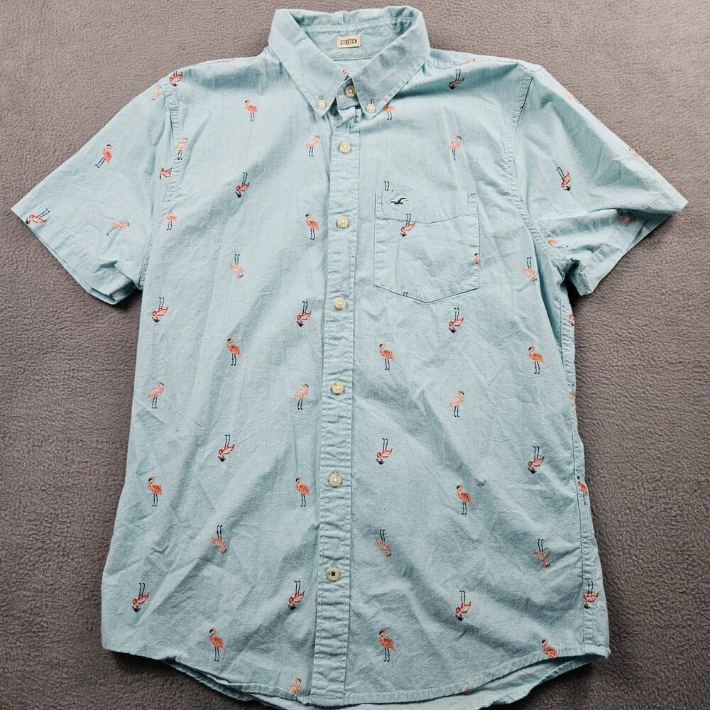 Hollister Flamingo Button Up Shirt Mens M Short Sleeve Blue Preppy Stretch